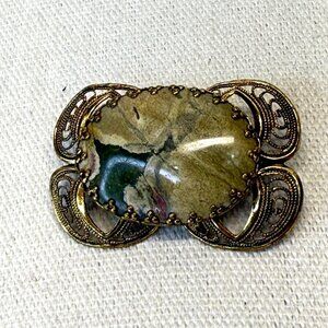 Vintage West Germany Stone Brooch Gold-Tone Filigree Green Moss Agate